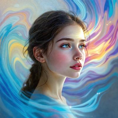 The primary subject of the image is a woman with blue eyes, wearing a blue shirt. She is the main focus of the image. The setting is a colorful, swirling background that adds a vibrant and lively atmosphere to the scene. The visual style is a combination of digital art and illustration, creating a unique and artistic representation of the woman. The colors and mood of the image are predominantly blue, which adds to the overall calming and serene ambiance.